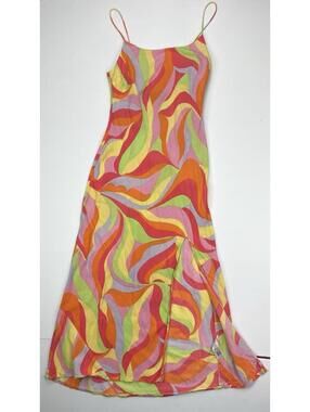 ASOS DESIGN Psychedelic Print Slip Maxi Dress Slit Retro Colorful Flax Blend 6